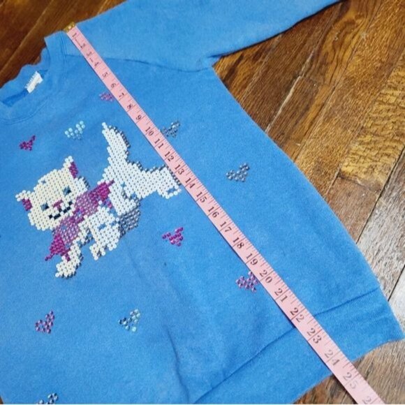Vintage 90s Blue Sequin Kitty Cat Girly Crewneck Sweatshirt - Picture 9 of 13